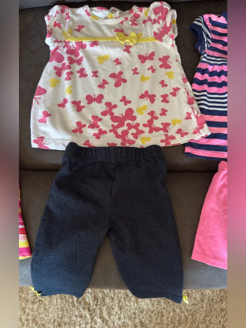 Bundle Sale- 4 Baby Girls Pink Floral & Stripe Outfit Bundle - Size 12 Months